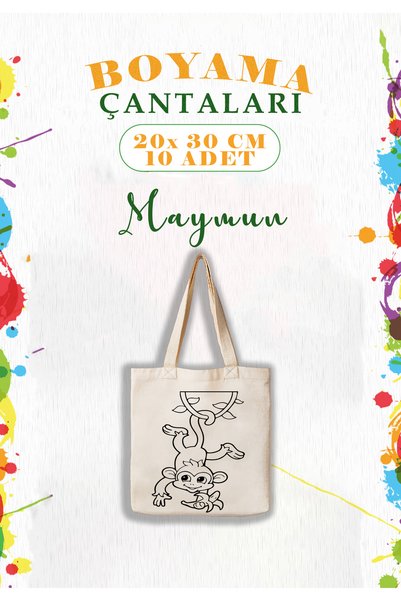 aprendi dünyanı ve kendini koru,ham bez kullan Çocuklara Özel 10’lu Boyama Çantası – MAYMUN Baskılı Eğlenceli Etkinlik Seti (20x30 cm)