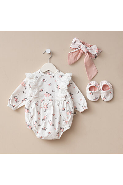 Minimus طقم رومبير قطني للفتيات الرضع حديثي الولادة مع شريط زهري وأحذية