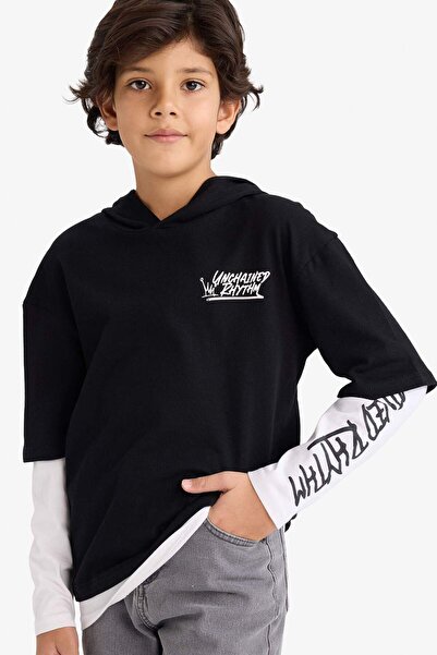 DeFacto Μπλουζάκι για αγόρια με κουκούλα με τύπωμα μακρυμάνικο μπλουζάκι G6192A825CW