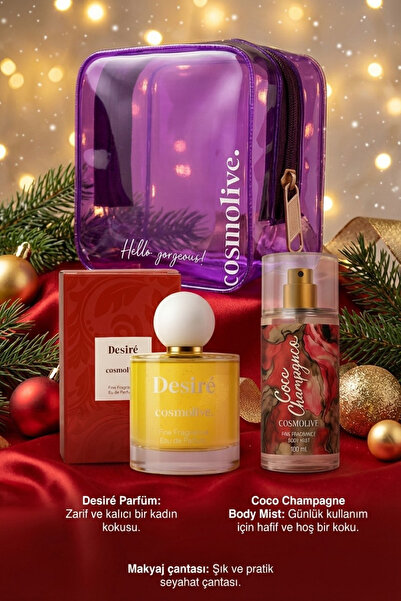 Cosmolive Premium Yılbaşı Ürünleri Hediye Seti Makyaj Çantası, Kadın Parfüm Ve Vücut Spreyi Body Mist