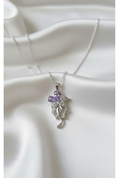KANERUZ Silver Color Zircon Stone Purple Flower Magic Necklace