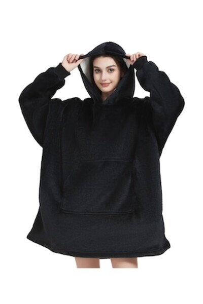 HYT Hoodie Blanket with Hood and Sleeves, Unisex, Black – Thermal Comfort for Home