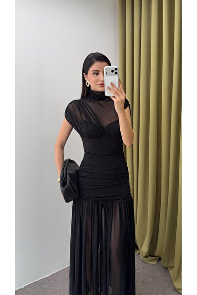 HAZELANNA Drapeli Siyah Tül Elbise