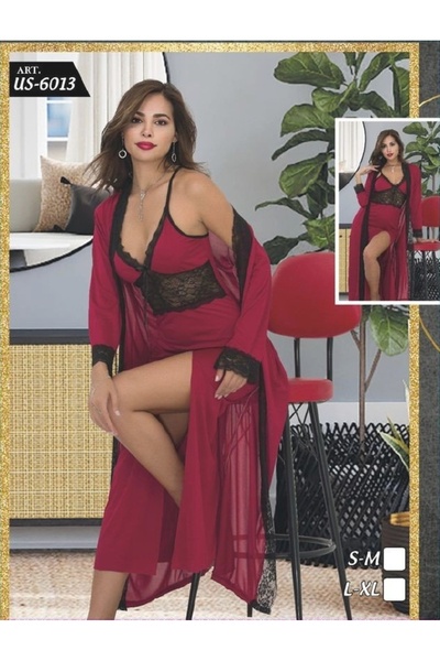 SİERNA Σετ μακρύ φόρεμα 3 τεμαχίων με δαντέλα μπορντό