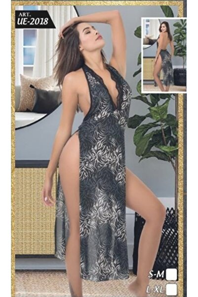 SİERNA Μαύρο νυχτικό με δαντέλα με σχέδιο