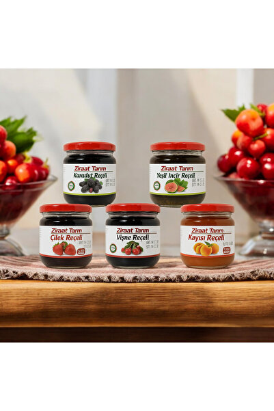 Ziraat Tarım GELENEKSEL ÇİLEK+VİŞNE+KAYISI+KARADUT+YEŞİL İNCİR REÇELİ %75 Mey...