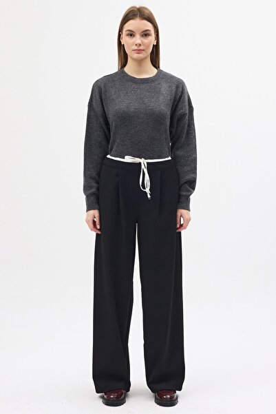 QANU Double Waist Detailed Trousers Black