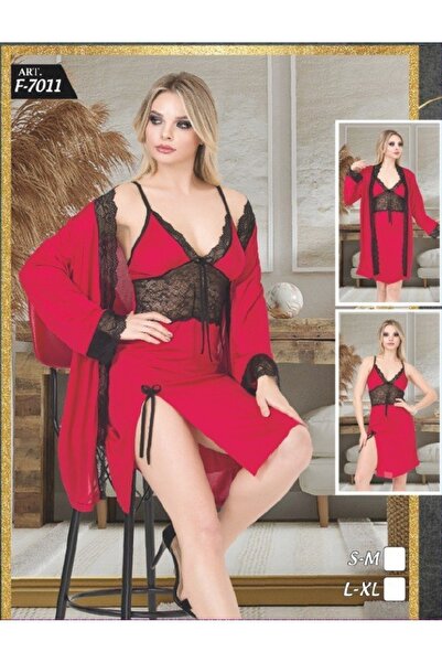 PİERLES Σετ νυχτικό με κόκκινη δαντέλα