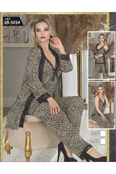 MODA YILDIZ Silky Bustier Three-Piece Pajama Set (Leopard Print)