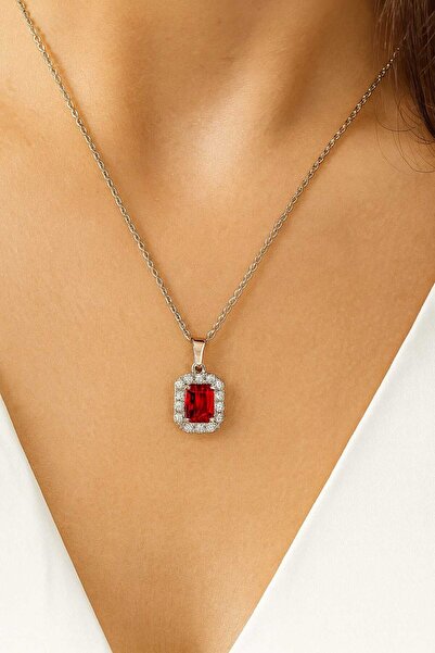 Lucani Cosmetic قلادة من الفولاذ المقاوم للصدأ بتفاصيل حجر أحمر – قلادة حجر ا...