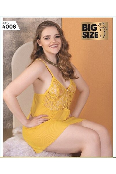 Pi Giyim قميص نوم شفاف كبير الحجم من الدانتيل الأصفر