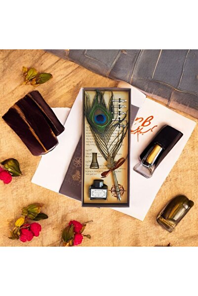 Sarego Vintage Tavus Kuşu Tüylü Dolma Kalem Seti Mürekkep Hediyeli Divit Hokk...