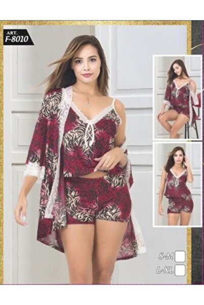 Modaley Giyim Set de 3 piese cu halat și pantaloni scurți – Motiv burgundy