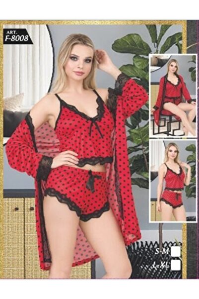 MODA YILDIZ طقم من 3 قطع مع روب وشورت – أحمر منقط