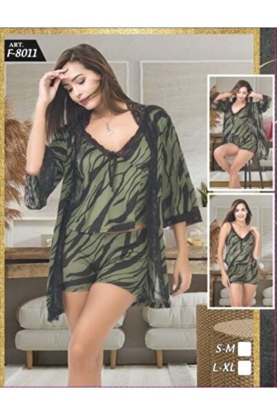 SİERNA طقم من 3 قطع مع روب وشورت – منقوش باللون الأخضر