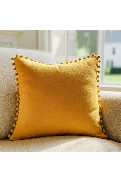 en gözde home Velvet Decorative Throw Pillow Cover with Pom-Poms Mustard