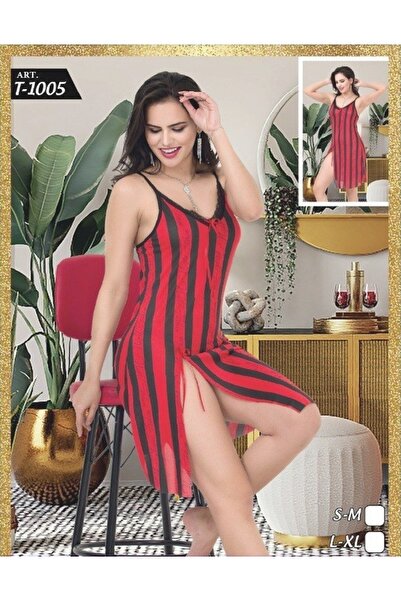 Modaley Giyim Red Striped Lace Short Nightgown