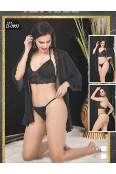 Modaley Giyim Black Lace 3-Piece Dressing Gown Set