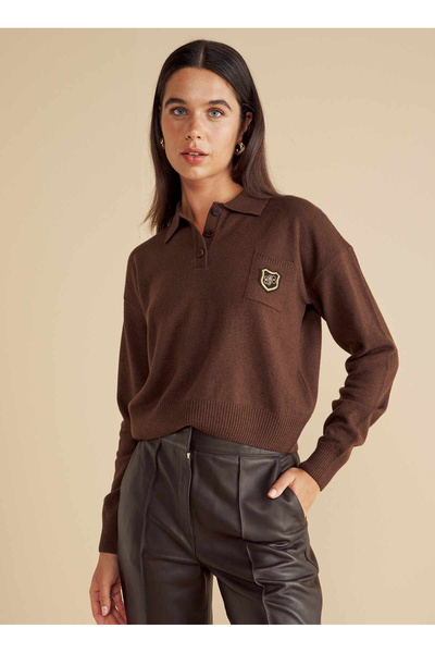 BROOKS BROTHERS Polo Yaka Standart Kahve Kazak Kadın Polo Yaka Peçli Yün Kazak