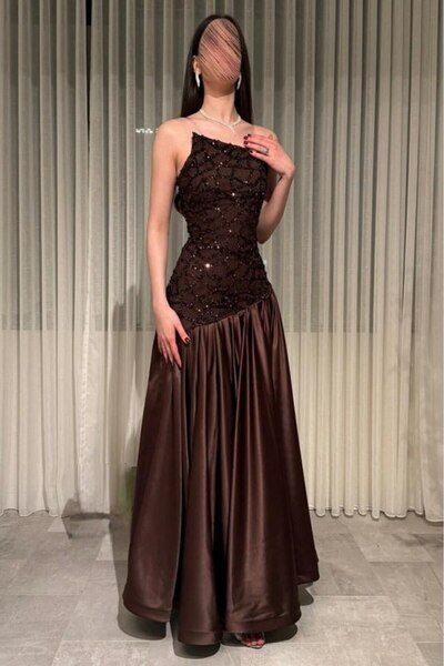 Rahibhdresses فستان سهرة تفته كلوش مزين بقماش سهره ترتر،