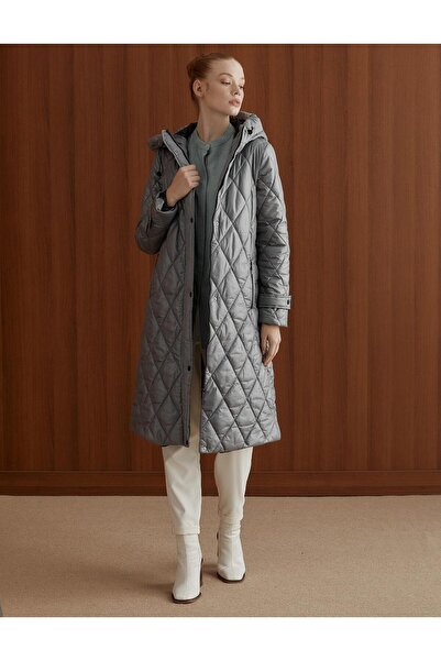 Kayra Baklava Pattern Quilted Puffer Jacket Gray