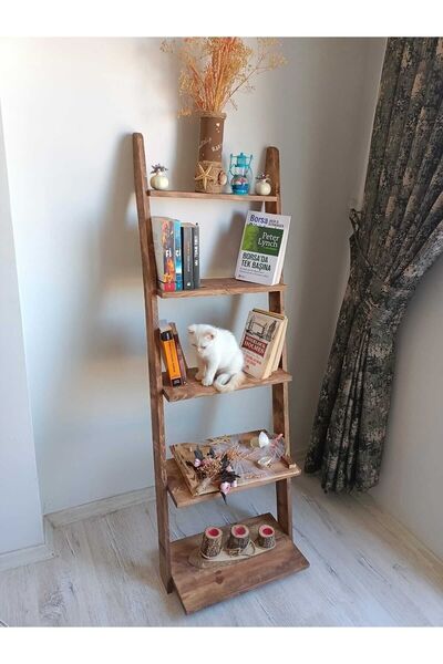 CRAFTEL Açık Ceviz Doğal Ahşap Merdiven Kitaplık
