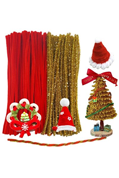 Cinnamon Bunny Şönil Tüylü Simli Tel 100 Adet Yılbaşı Temalı Eğitici Şönil Seti 50 Kırmızı 50 Simli Gold