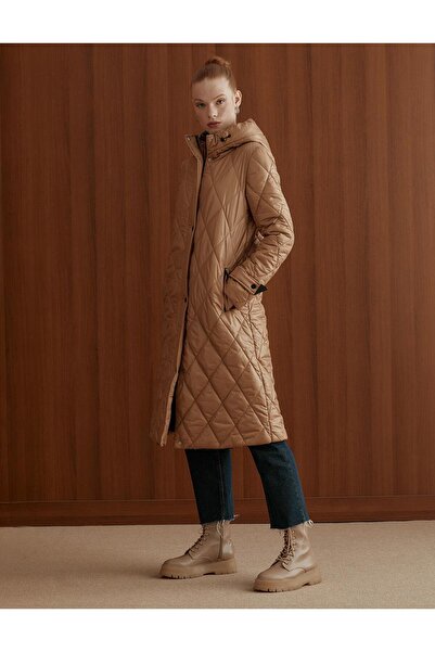 Kayra Baklava Pattern Quilted Inflatable Coat Camel