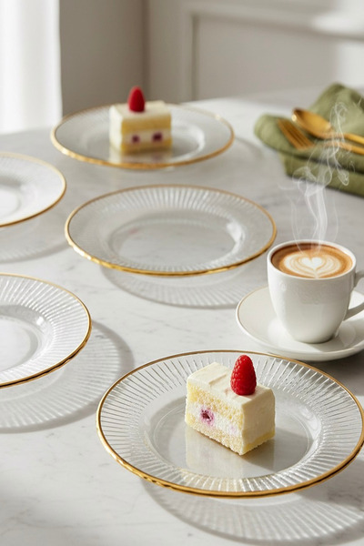 quanco Rosa 6'lı Pasta Tabağı Seti Gold Fileli 19 Cm Altın Yaldız Servis Tabağı