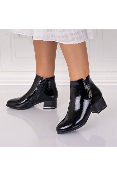 Botinelli Ghete de damă negre cu blană, din piele lăcuită Aemala, mărimea 36