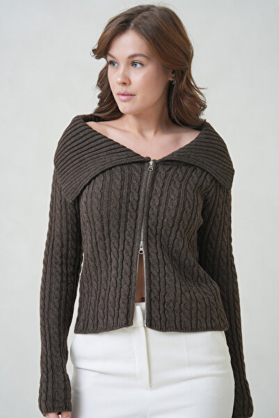ÖNDER MODA Women's wide neck cable knit zip-up cardigan - coffee