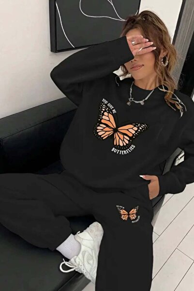 bb butik basic Butterfly Printed 3 Thread Puff Double Suit M3140