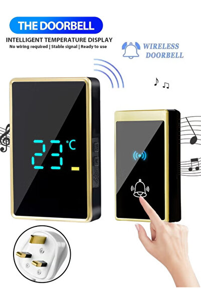 Generic جرس باب لاسلكي مقاوم للماء مزود بشاشة عرض درجة الحرارة ووميض LED، و56...