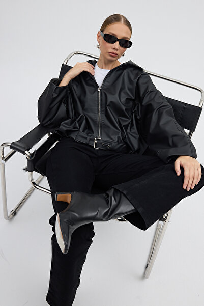 Renvo butik Oversized Faux Leather Black Women's Jacket – Buckle and Zipper M...