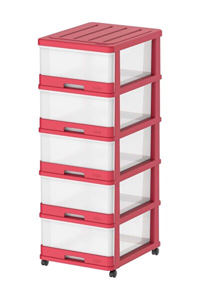 Cosmoplast خزانة تخزين من 5 طبقات مع أدراج وعجلات بلاستيكية حمراء 50×40×114 سم
