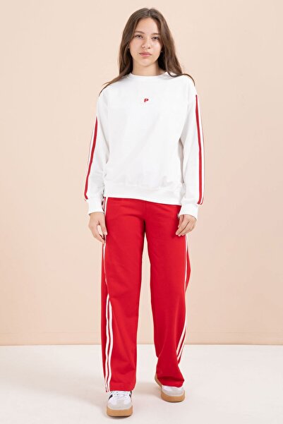 Cansın Mini طقم رياضي أحمر تفاصيل مخططة بأرجل واسعة ومطرز للفتيات قصة فضفاضة 23454