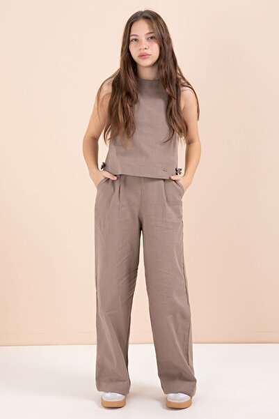 Cansın Mini Girl's Linen Crop Suit with Brown Wide-Leg Pants 23449