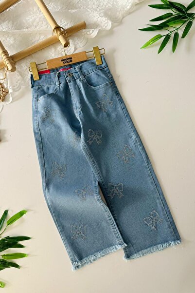 Minigimin Cicileri My Little Girl's Soft Denim Pants with Rhinestone Bow Detail - Blue