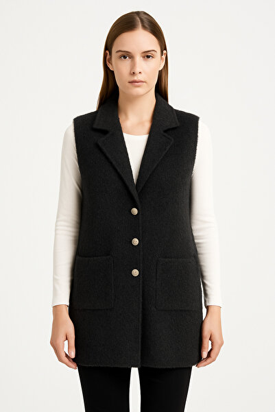 Mutlu City Women Beard Yarn Long Knitwear Vest with Pockets and Buttons 25023