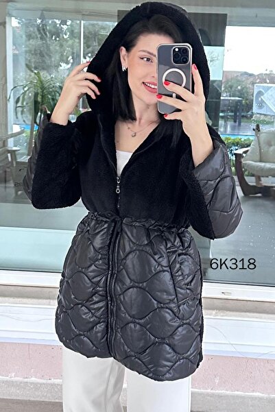 İnce Topuk Plush Paneled Hooded Puffer Coat 6K318