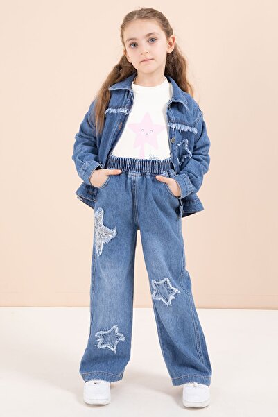 Cansın Mini Navy Blue Star Embroidered Jacket Girl's 3-Piece Jean Set 23443