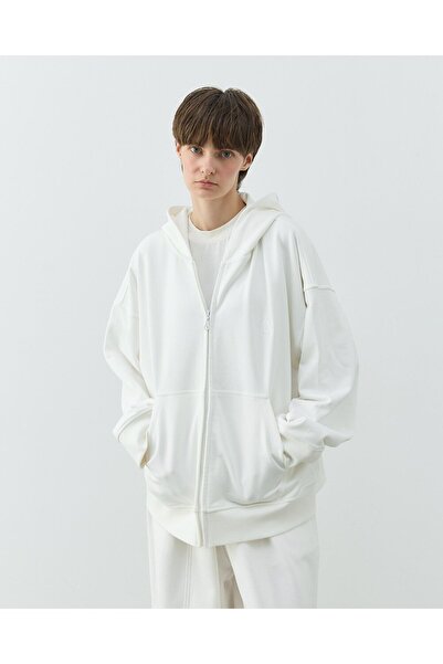 Aybikestil Diagonal Üç İplik Fermuarlı Kapüşonlu Sweatshirt Ekru