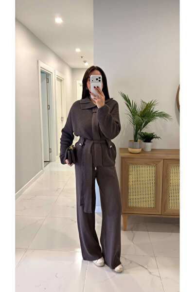 BİRCANÇİL Gonisa Brown Belted Cardigan Pants Set