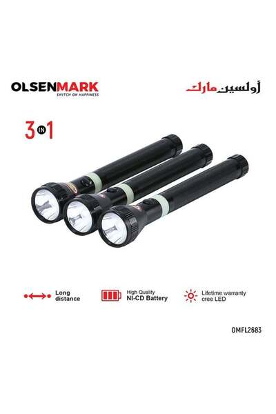 Olsenmark 3 In1 Rechargeable LED Flashlight Torch Black/White 158grams