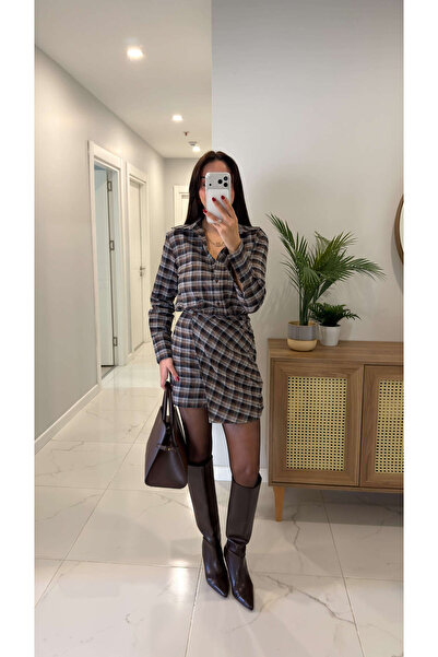 BİRCANÇİL Genisra Kahve Ekoseli Elbise