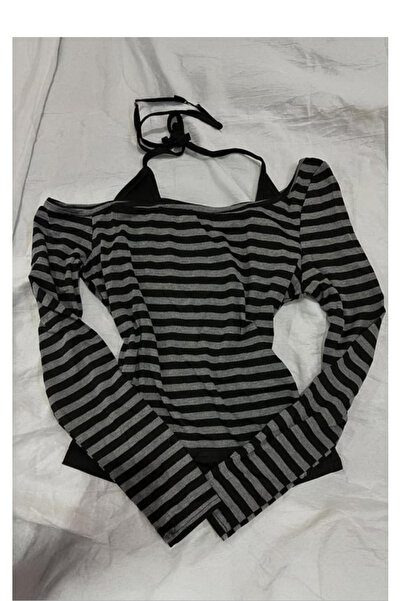 Köstebek Grunge Punk Streetwear Ek Askılı Çizgili Bluz