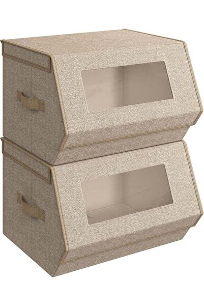 SONGMICS Stackable Storage Bins Set of 2 - Non-Woven Fabric, Lids & Front Win...