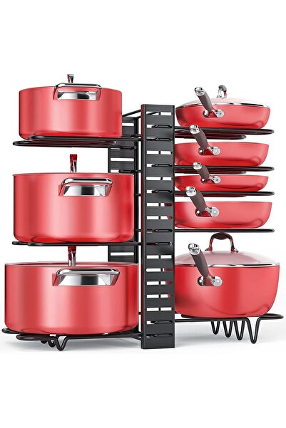 Eesyy رف منظم قابل للتعديل مكون من 8 طبقات للأواني وأغطيتها (أسود/بني فاتح)