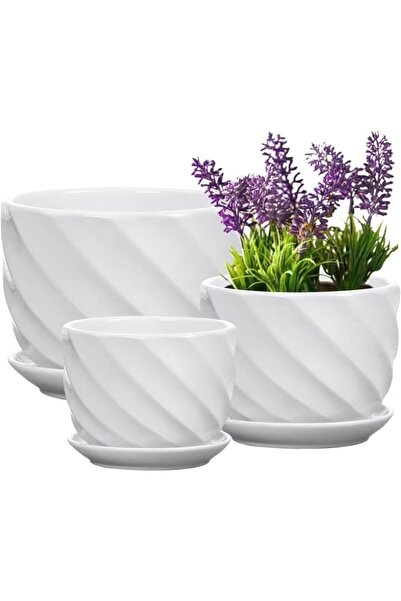 Generic Yinger Huan 3-piece Ceramic Plant Pots Set - Indoor Flower Pots with Attached Round Saucers, White