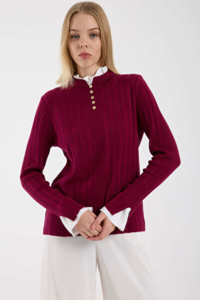 Sementa Corded Fabric Knitwear Sweater with Piece Detail - Claret Red